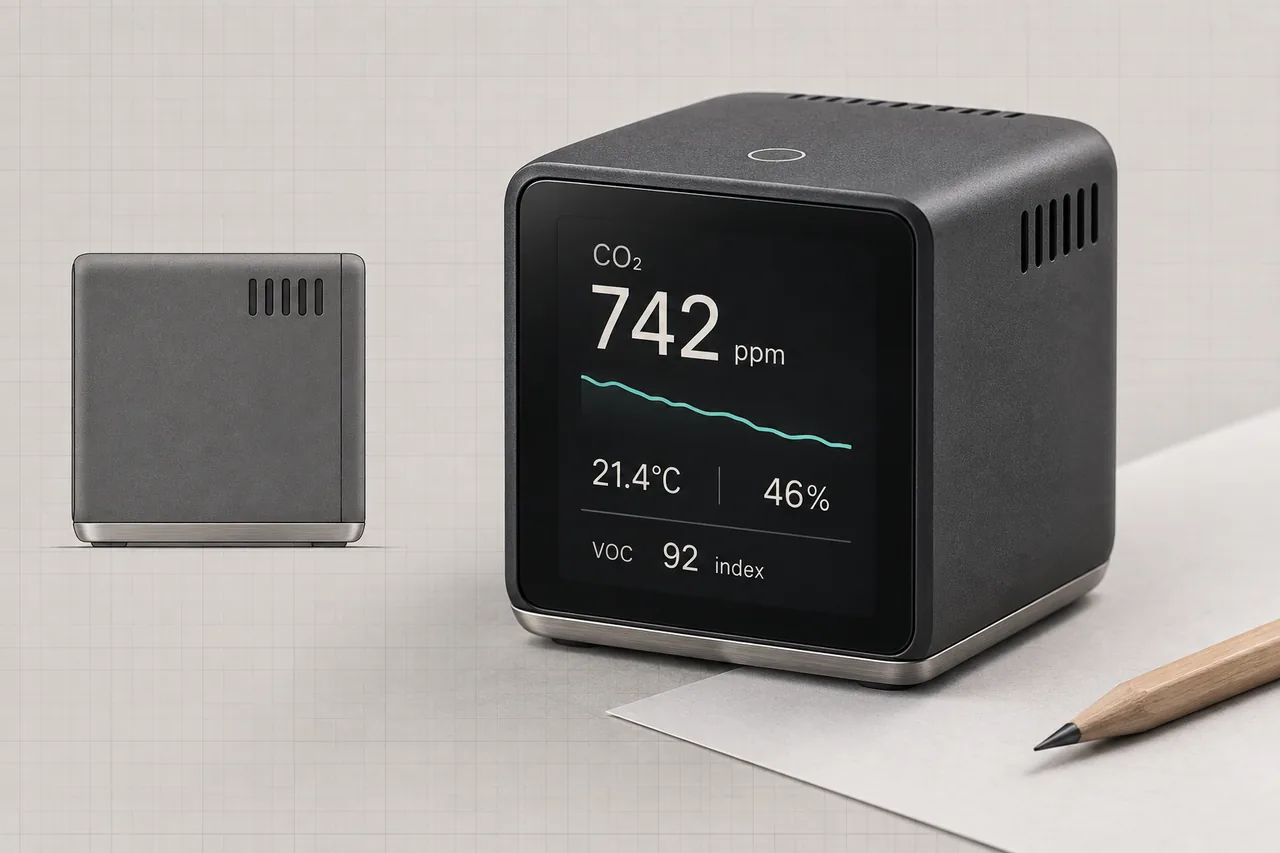 Graphite cube desk monitor concept with an understated metal base and intuitive air readings