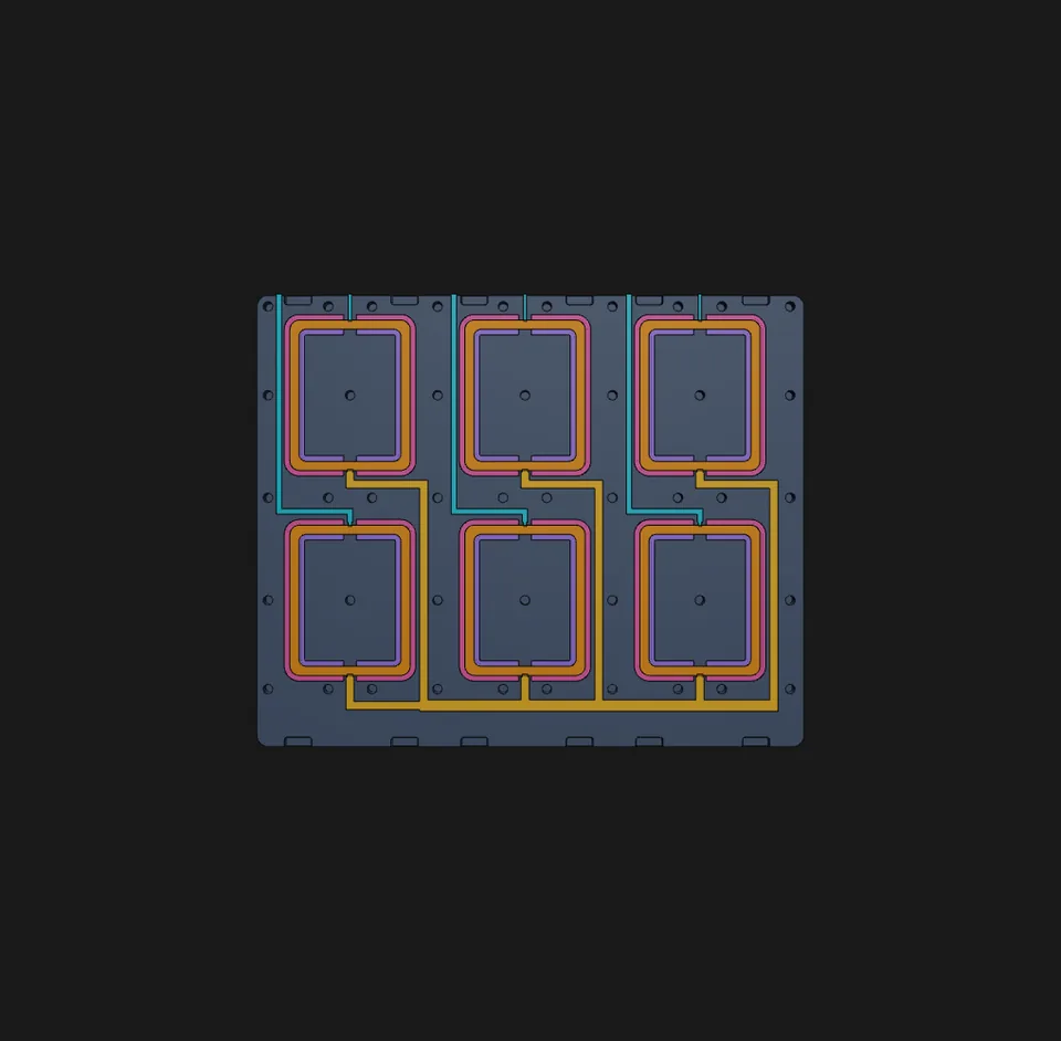 Top CAD view of the six gasket cavities, their feed paths and separate outlets